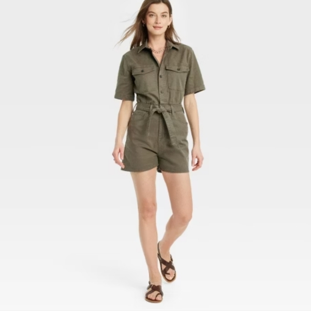 Universal Thread Women's Short Sleeve Olive Green Jumpsuit Collared Romper 10